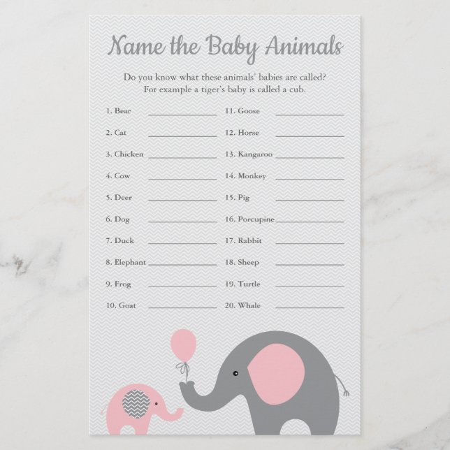 Pink Elephant Baby Shooter Baby Animal Name Game Flyer (Vorne)