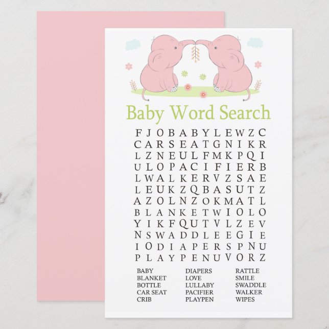 Pink Elephant Baby Shooter Word Search Game (Vorne/Hinten)