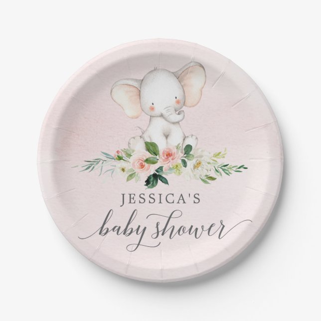 Pink Elephant Babydusche Papierplatte Pappteller (Vorderseite)