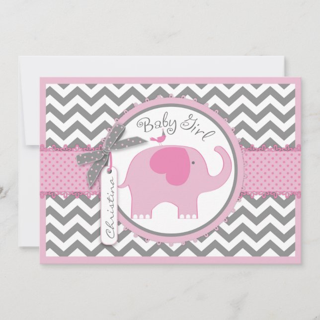Pink Elephant Bird und Zickzack Print Baby Dusche Einladung (Vorderseite)