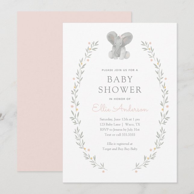 Pink Elephant Blumengrün Girl Babydusche Einladung (Vorne/Hinten)