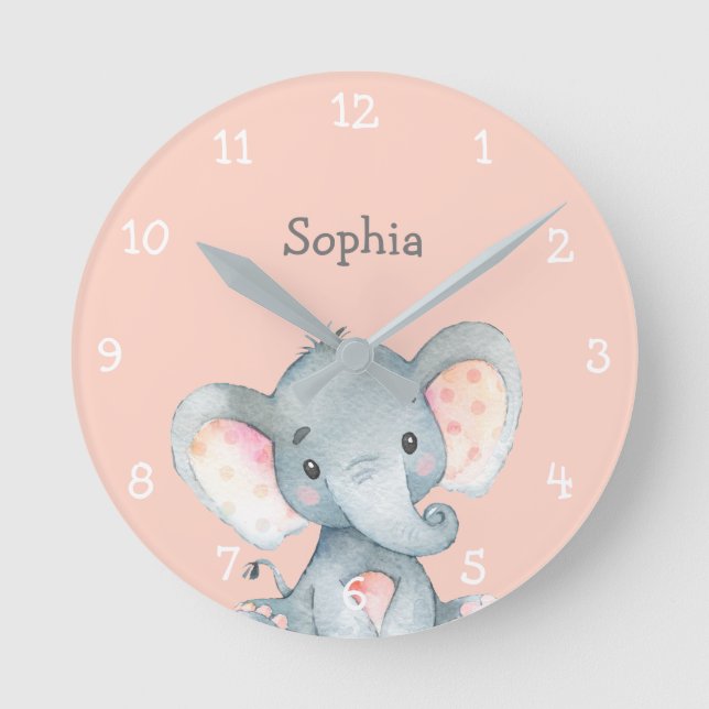 Pink Elephant Cute Baby Girl Name Personalized Runde Wanduhr (Vorderseite)