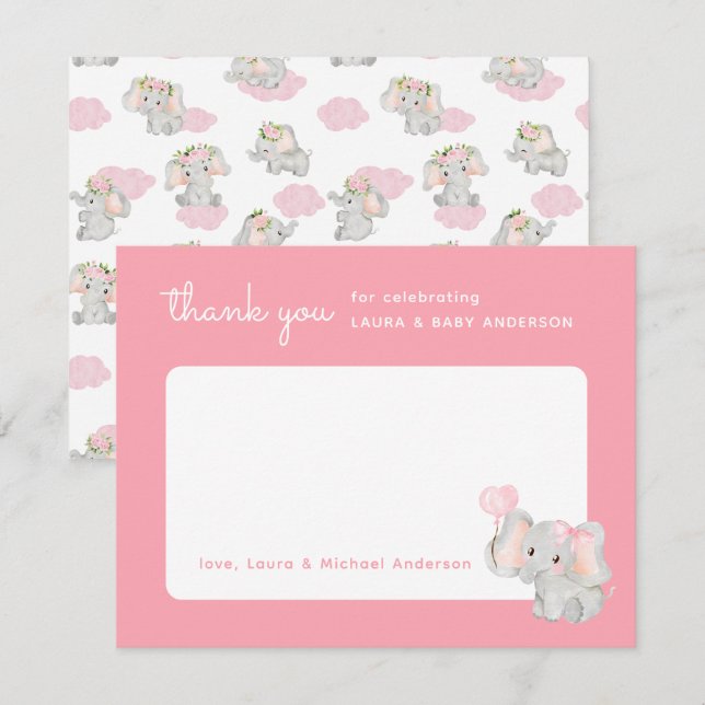 Pink Elephant Danke-Card für die Kinderdusche Dankeskarte (Vorne/Hinten)