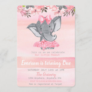 Pink Elephant Erster Geburtstag, Erdnussmädchen Einladung