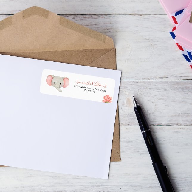 Pink Elephant Floral Baby Dusche Rücksendeadresse  (Von Creator hochgeladen)