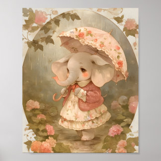 Pink Elephant Floral Baby Shower Gift Poster Decor