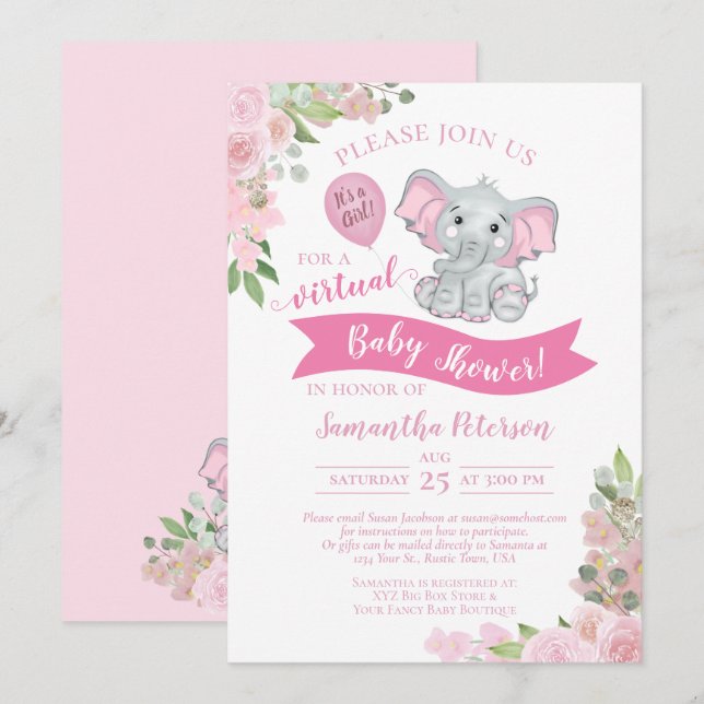 Pink Elephant & Floral Virtual Baby Girl Dusche Einladung (Vorne/Hinten)