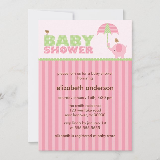 Pink Elephant Girl Baby Dusche Einladung (Vorderseite)
