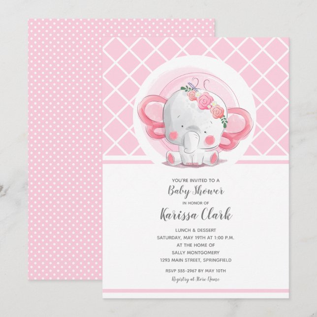 Pink Elephant Girl Baby Dusche Einladung (Vorne/Hinten)