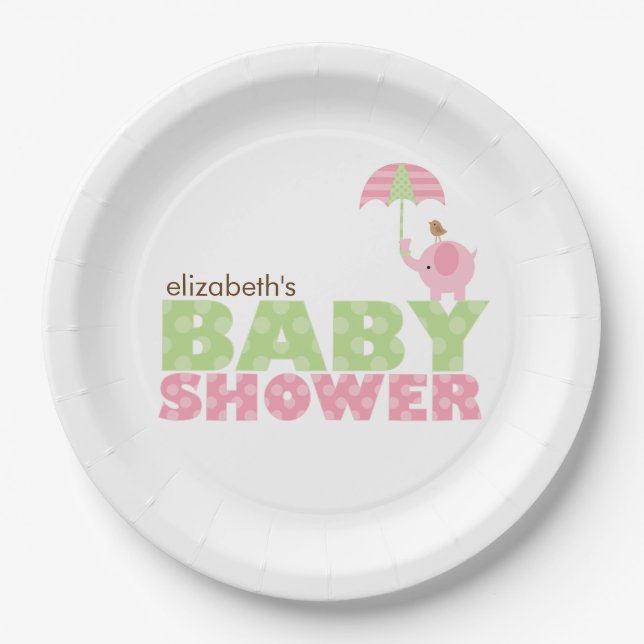 Pink Elephant Girl Baby Dusche Pappteller (Vorderseite)