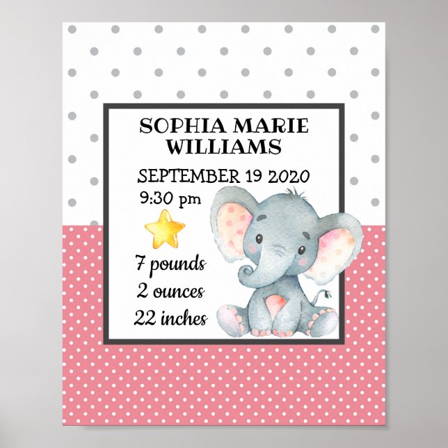Pink Elephant Girl Birthday Stats Personalisiert Poster (Vorne)