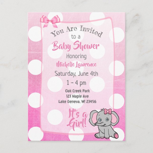 Pink Elephant Girl's Baby Shower laden ein Postkarte (Vorderseite)