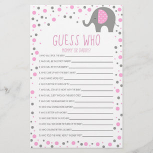 Pink Elephant Guess Who Baby Showspiel Briefpapier