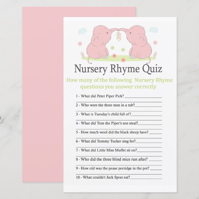 Pink Elephant Kinderzimmer Rhyme Quiz Babydusche (Vorne/Hinten)