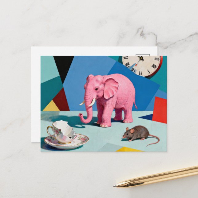Pink Elephant Mouse Broken Teacup Clock Surreal Postkarte (Vorderseite/Rückseite Beispiel)