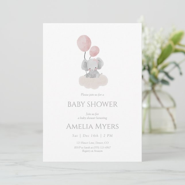 Pink Elephant on Cloud Baby Shower Invitation Einladung (Stehend Vorderseite)