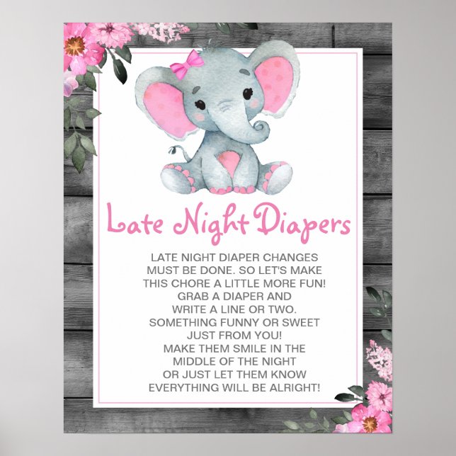 Pink Elephant Spate Night Diapers Baby Duschzeiche Poster (Vorne)