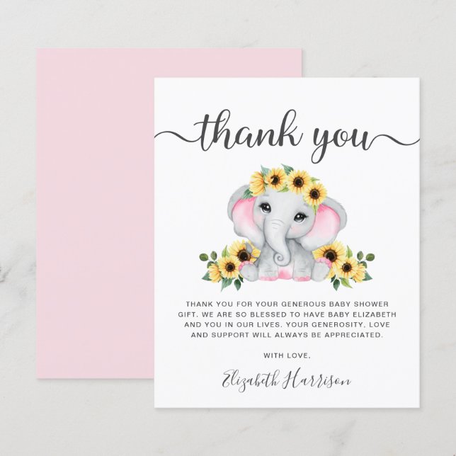 Pink Elephant Sunflower Baby Dusche Danke Karte (Vorne/Hinten)