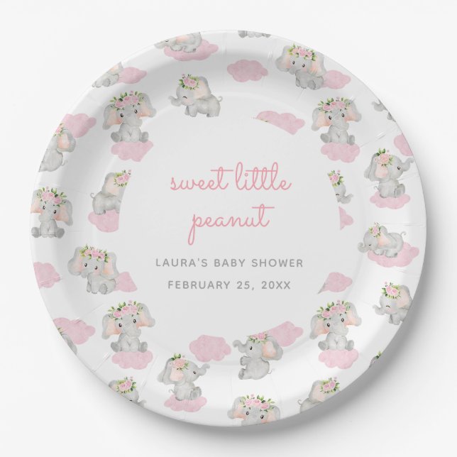Pink Elephant Sweet Little Peanut Baby Dusche Pappteller (Vorderseite)