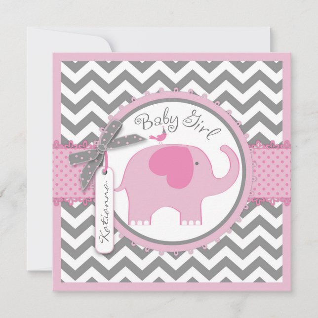 Pink Elephant und Zickzack Print Baby Dusche Einladung (Vorderseite)