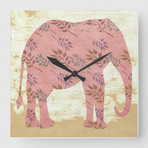 Pink Elephant with Leaves Quadratische Wanduhr
