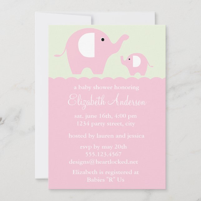 Pink Elephants Babydusche Einladung (Vorderseite)