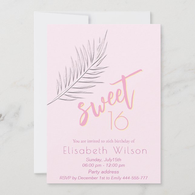 Pink Embossed Palm minimalistisch Skript süß 16 Einladung (Vorderseite)