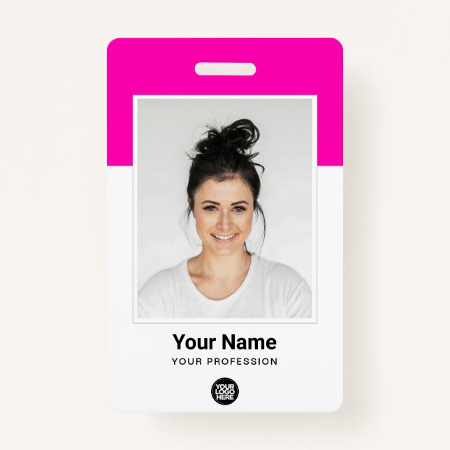 Pink Employee huge Photo Qr Bar Code Logo Name Ausweis (Vorderseite)