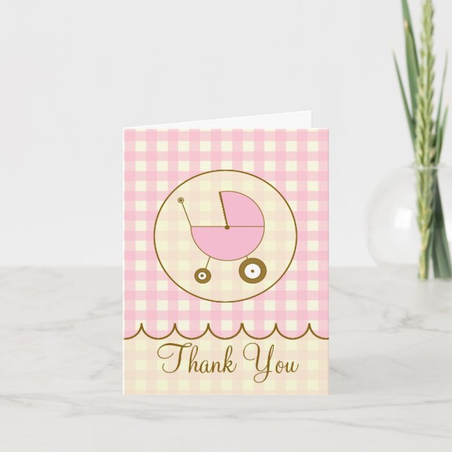 Pink En vichy Baby Carriage Carte de remerciements (Devant)