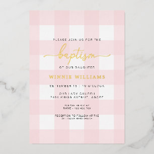 Pink En vichy Baptême Gold Foil Invitation