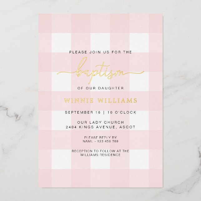 Pink En vichy Baptême Gold Foil Invitation (Recto)