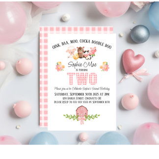 Pink En vichy Barnyard Invitation de deuxième anni