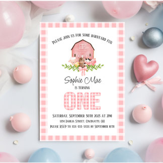Pink En vichy Barnyard Première Invitation d'anniv