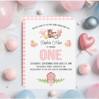 Pink En vichy Barnyard Première Invitation d'anniv