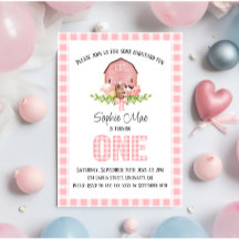 Pink En vichy Barnyard Première Invitation d'anniv