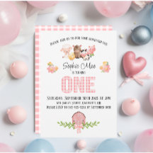 Pink En vichy Barnyard Première Invitation d'anniv