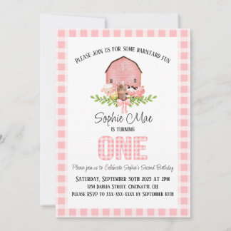 Pink En vichy Barnyard Première Invitation d'anniv