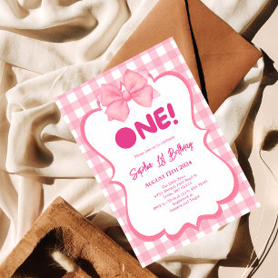 Pink En vichy Bow 1er anniversaire Invitation