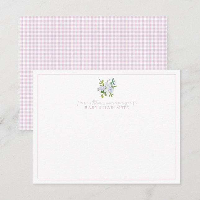 Pink en vichy floral pouponnière carte bébé (Devant / Derrière)