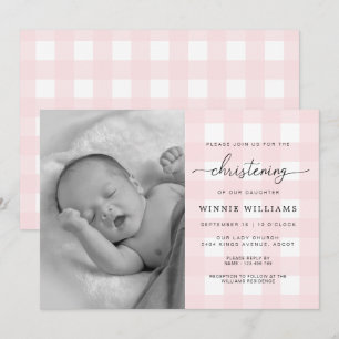 Pink En vichy Photo Christening Invitation