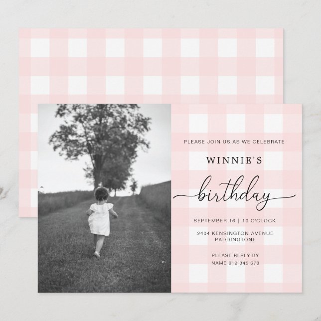 Pink En vichy Photo Invitation Anniversaire (Devant / Derrière)