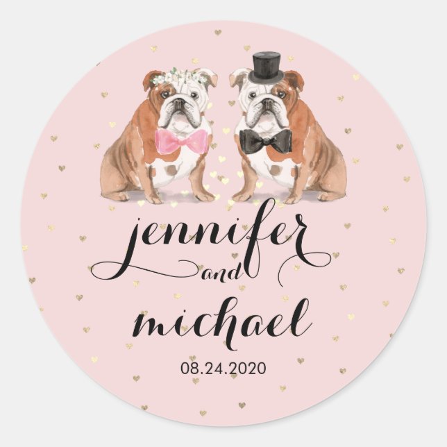 Pink English Bulldog Hochzeit Runder Aufkleber (Vorderseite)