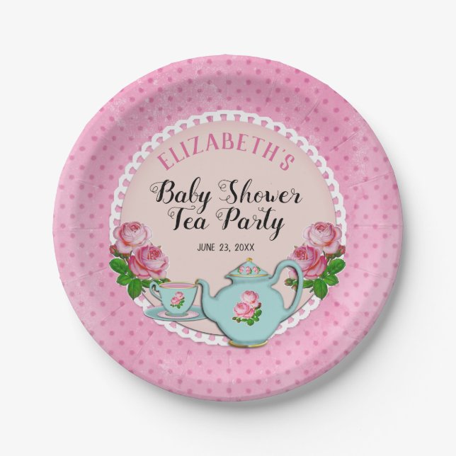 Pink English Hütte Style Baby Tee Party Dusche Pappteller (Vorderseite)