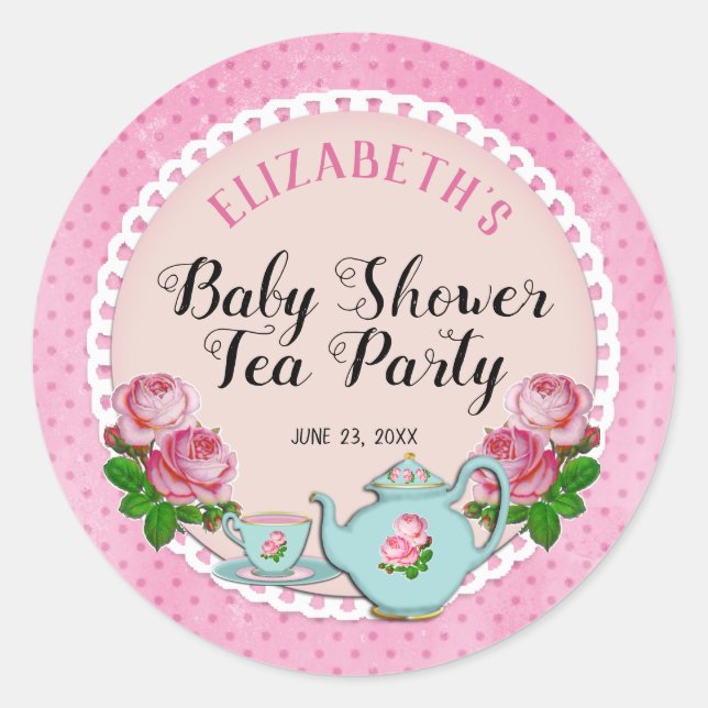 Pink English Hütte Style Baby Tee Party Dusche Runder Aufkleber (Vorderseite)