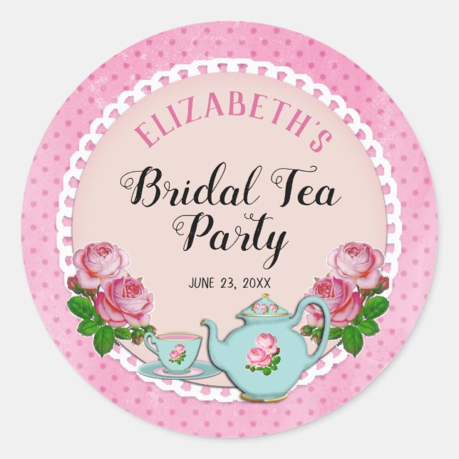 Pink English Hütte Style Bridal Tee Party Dusche Runder Aufkleber (Vorderseite)