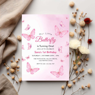 Pink Erster 1. Geburtstag Schmetterlinge Party Einladung