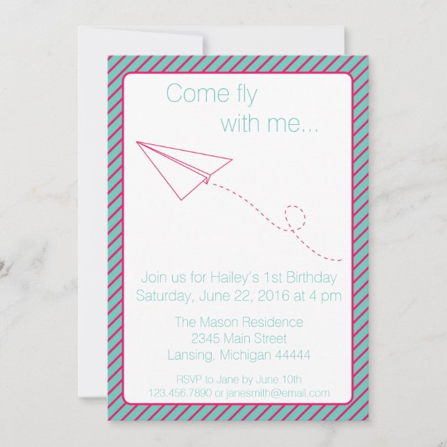 Pink et Aqua Papier avion Invitation d'anniversair (Devant)