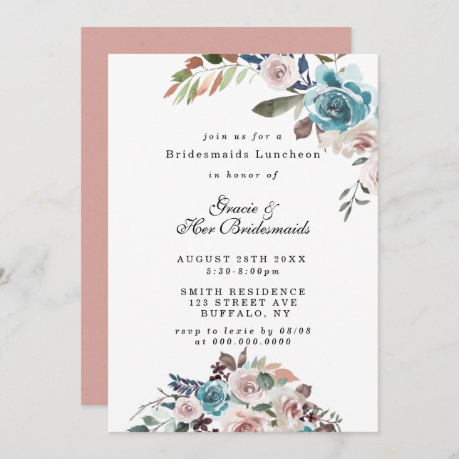 Pink et Turquoise Peony Bridesmaids Invitations de (Devant / Derrière)