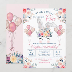 Pink etwas Bunny Floral Balloon Girl Erster Geburt Einladung