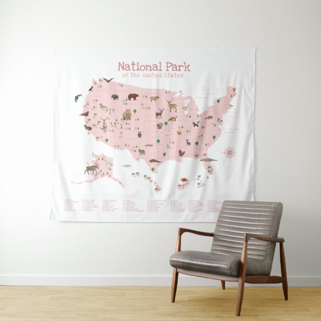Pink Exploration National Park Map Woodland Kinder Wandteppich (Beispiel (Horizontal))